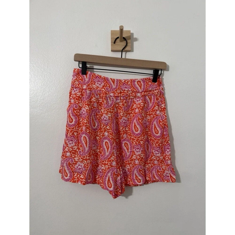 Boden Orange Paisley Print Ruched Waistband Shorts Size 2 NWT Spring Colorful